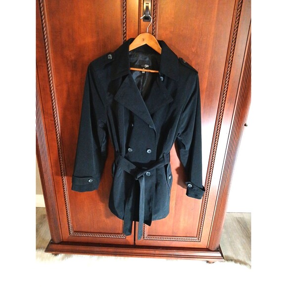 East 5th Women's 1X Black Belted Trench Coat Button Front Lined Pockets Black - Picture 1 of 6